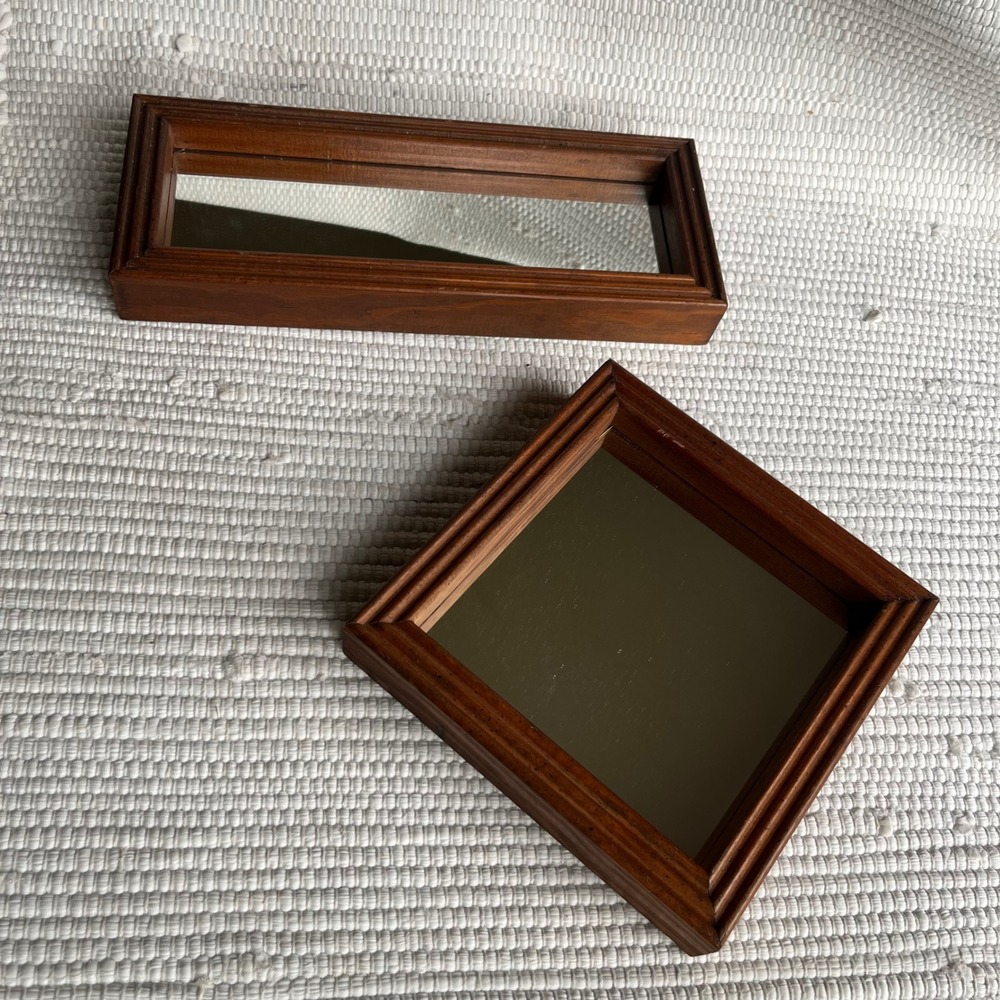 Vintage Wood Shadow Box Wall Mirrors Set of 2 Square Rectangular Brown Tiered
